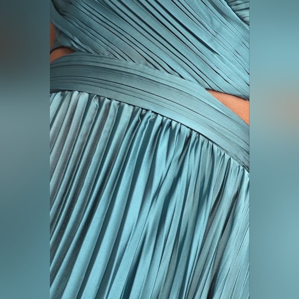 Lulus Got the Glam Teal Pleated Cutout Maxi Dress S Wedding Party Prom Whimsical - Picture 6 of 11